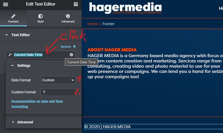 HAGER MEDIA elementor-dynamic-date-field-stettings How To Add Dynamic Copyright Date & Auto Update Current Year In WordPress Footer How To's  Wordpress Elementor  
